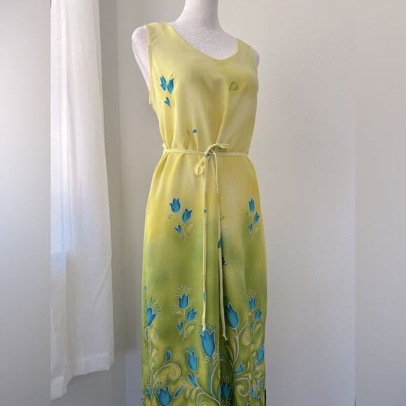 Vintage Y2K California Concepts Yellow Floral Print Sleeveless Belted Maxi Dress - Picture 2 of 8